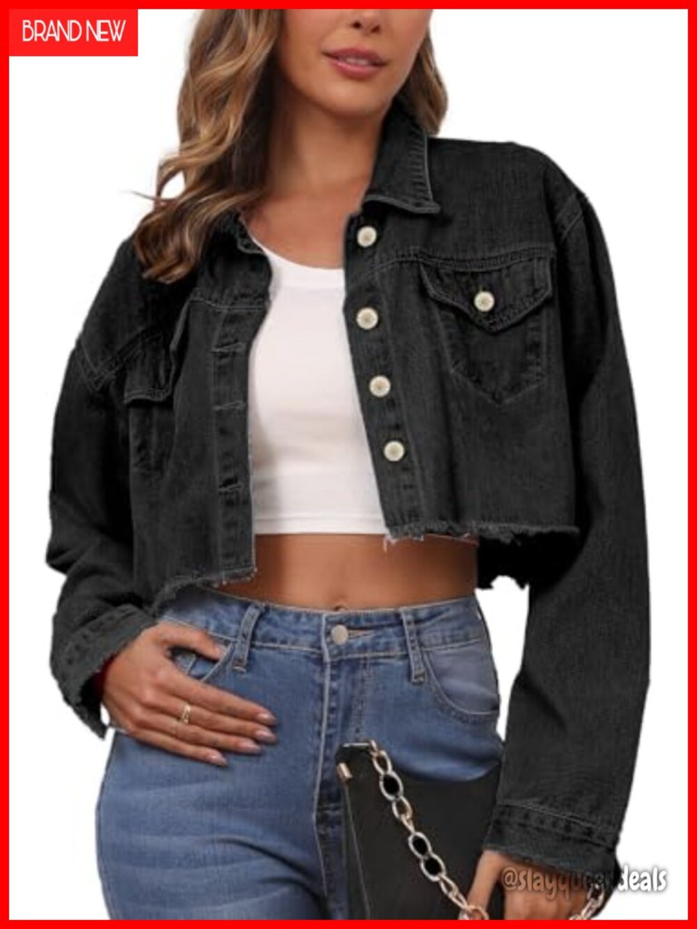 Women's Cropped Denim Jacket Button Down Frayed Hem Fitted Crop Coat